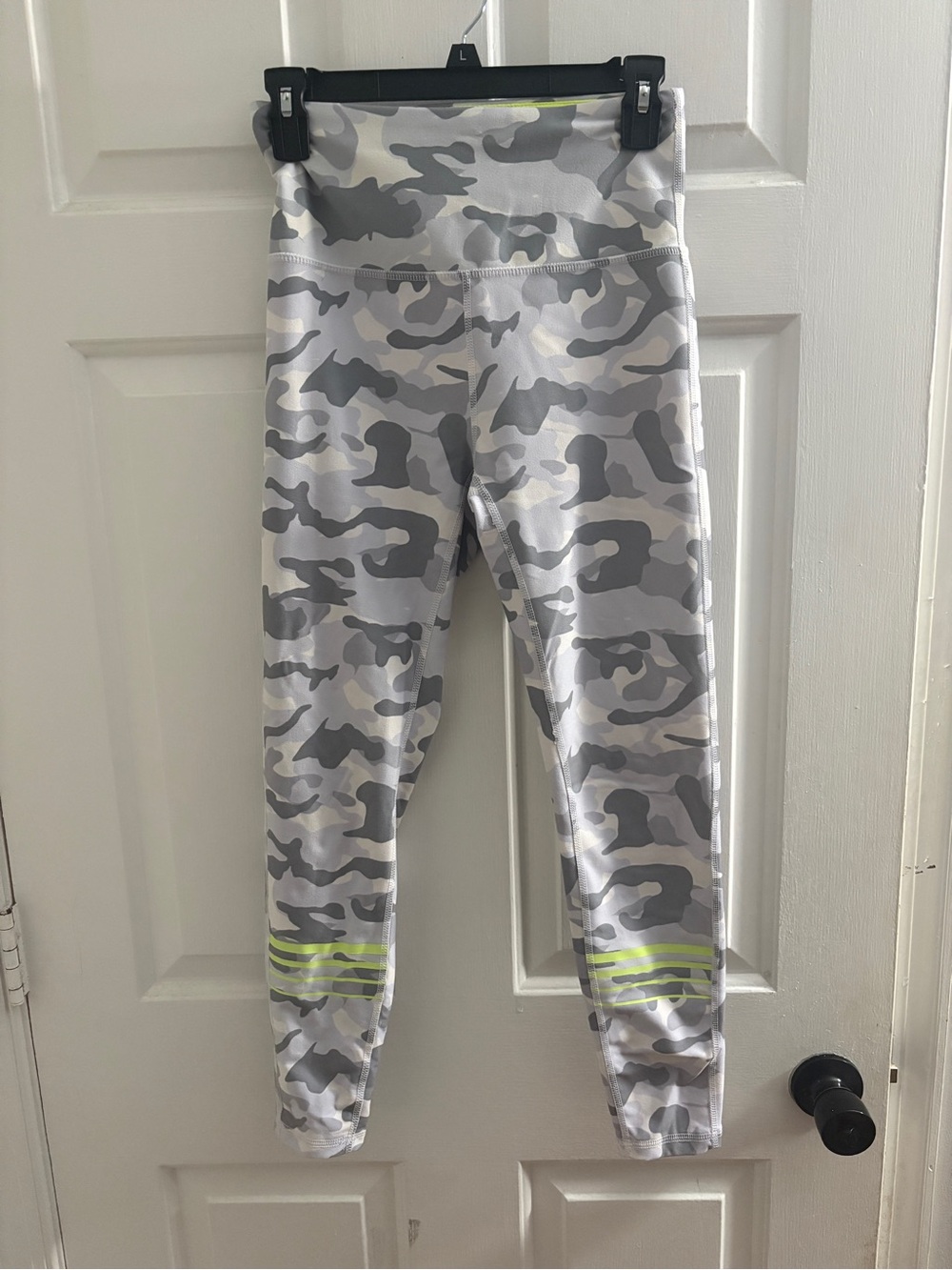 Ellie White and Gray Camo Leggings with Neon Yellow Ankles